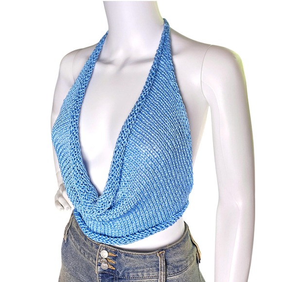 Handmade Tops - Handmade Knit Halter Top Blue, Small to Medium, Boho Festival Wear, Rave Clothes